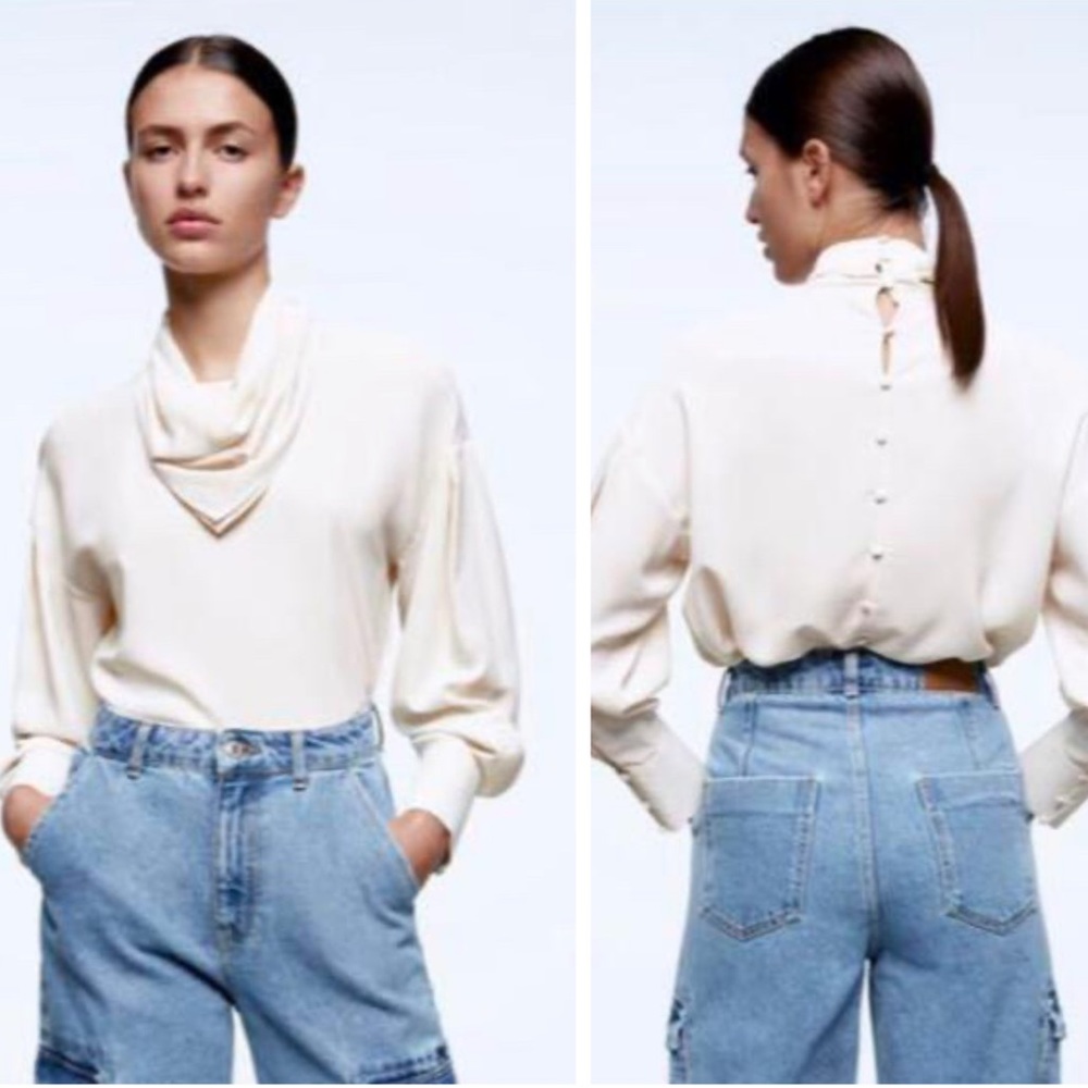 🤍 ZARA Ivory Silk Effect Scarf Collar Button Back Blouse